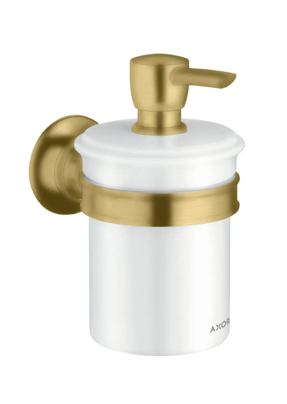 Wandmontierter Spender in Weiß und Gold von AXOR, ausgestattet mit einem Hebel zum Dosieren. Ideal für Lotionen oder Seifen.